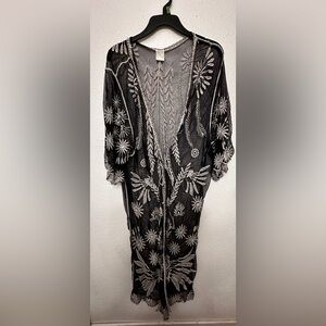 Black Sheer Kimono with White Floral Embroidery